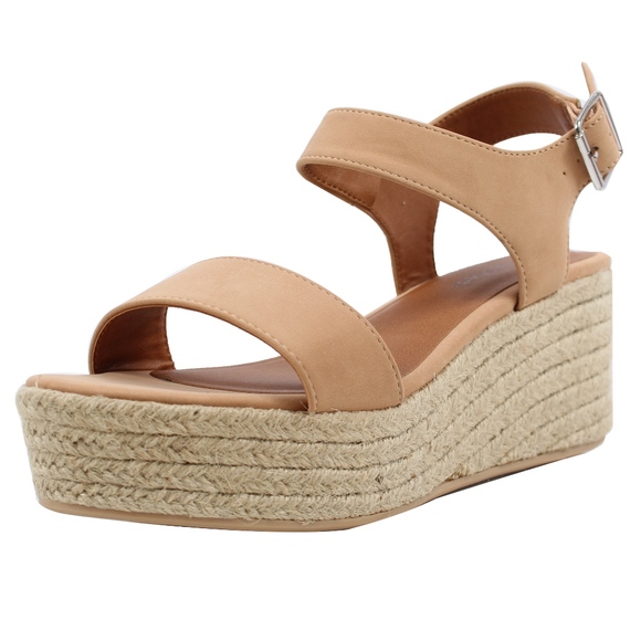 Shoes - Dark Nude Open Toe Ankle Strap Espadrille Wedge